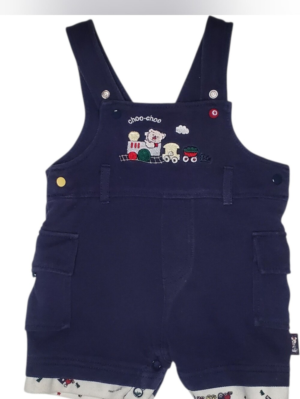 Vintage Choo-Choo Train Bear Navy Blue Shortall Overalls 3/6M